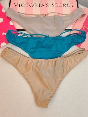 VTG Victoria's Secret 3pk Silky Satin Strappy Back V-string Thong Panties Sm